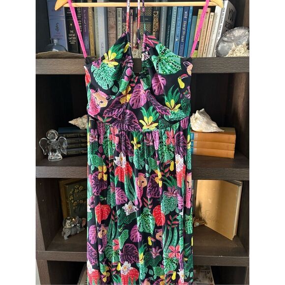 Betsey Johnson Paulina Tropical Print Animal Jungle Maxi Halter Dress Size Small - Picture 6 of 9